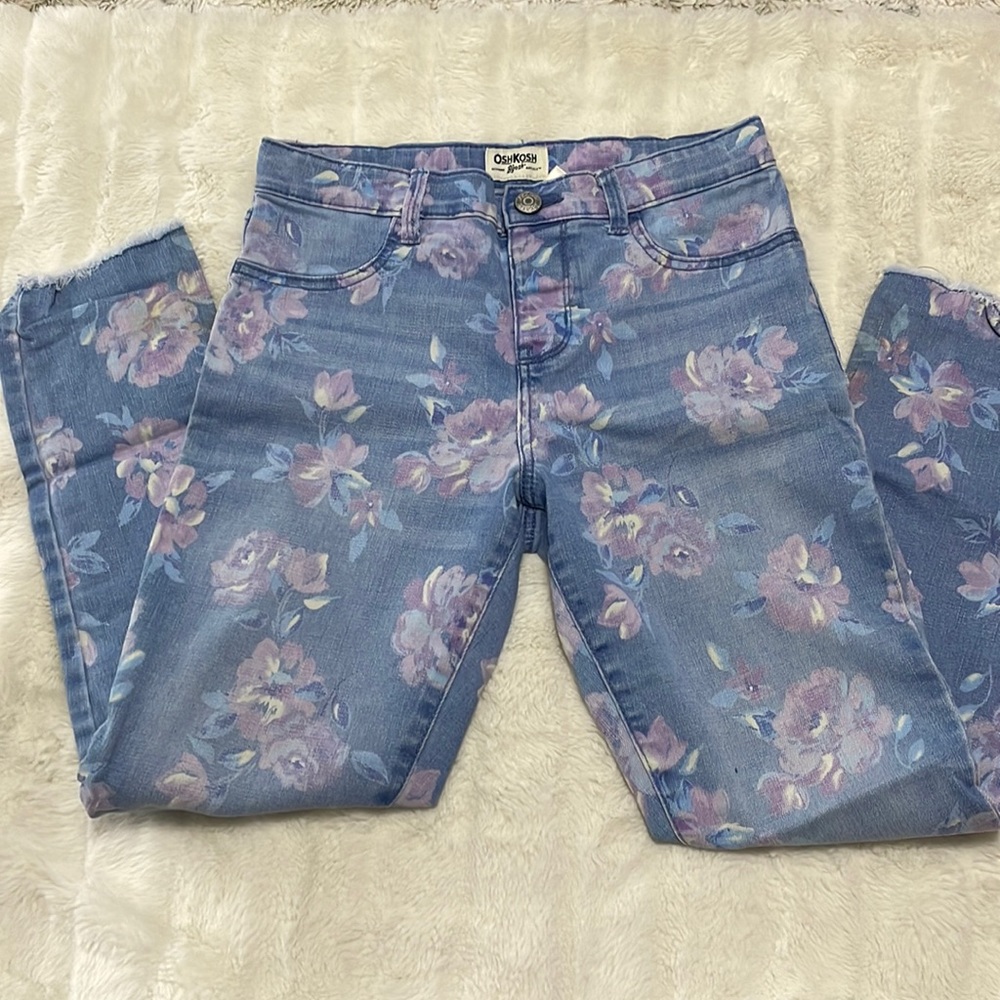 Floral denim destroyed hem